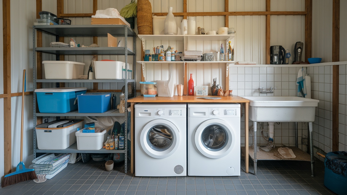 A functional utility room with a washer, dryer, shelves, and a utility sink.