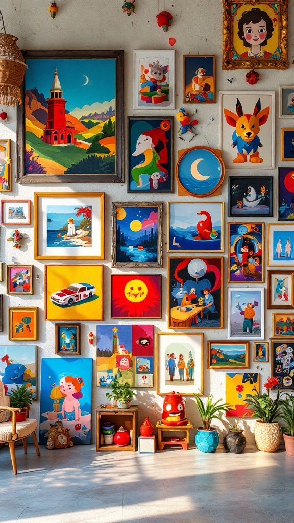 A colorful gallery wall featuring various pieces of art, framed in different styles, with plants and decorative items.