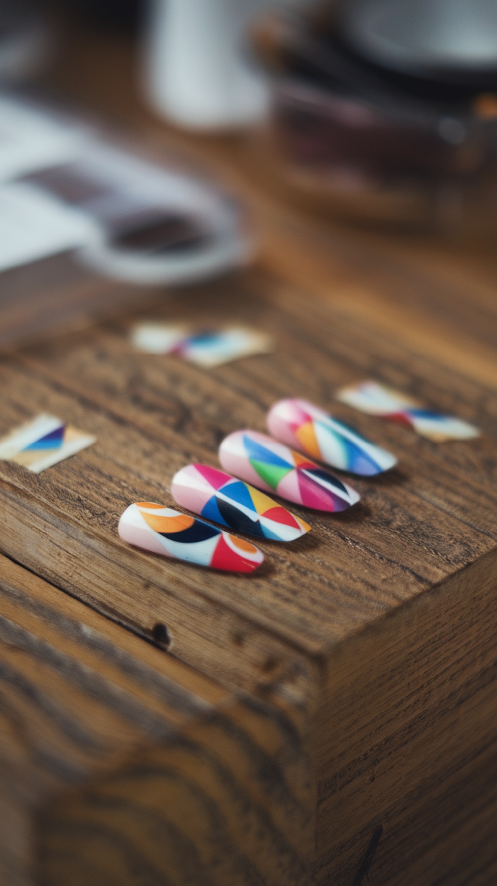 Colorful geometric nail designs created with tape on a wooden surface.