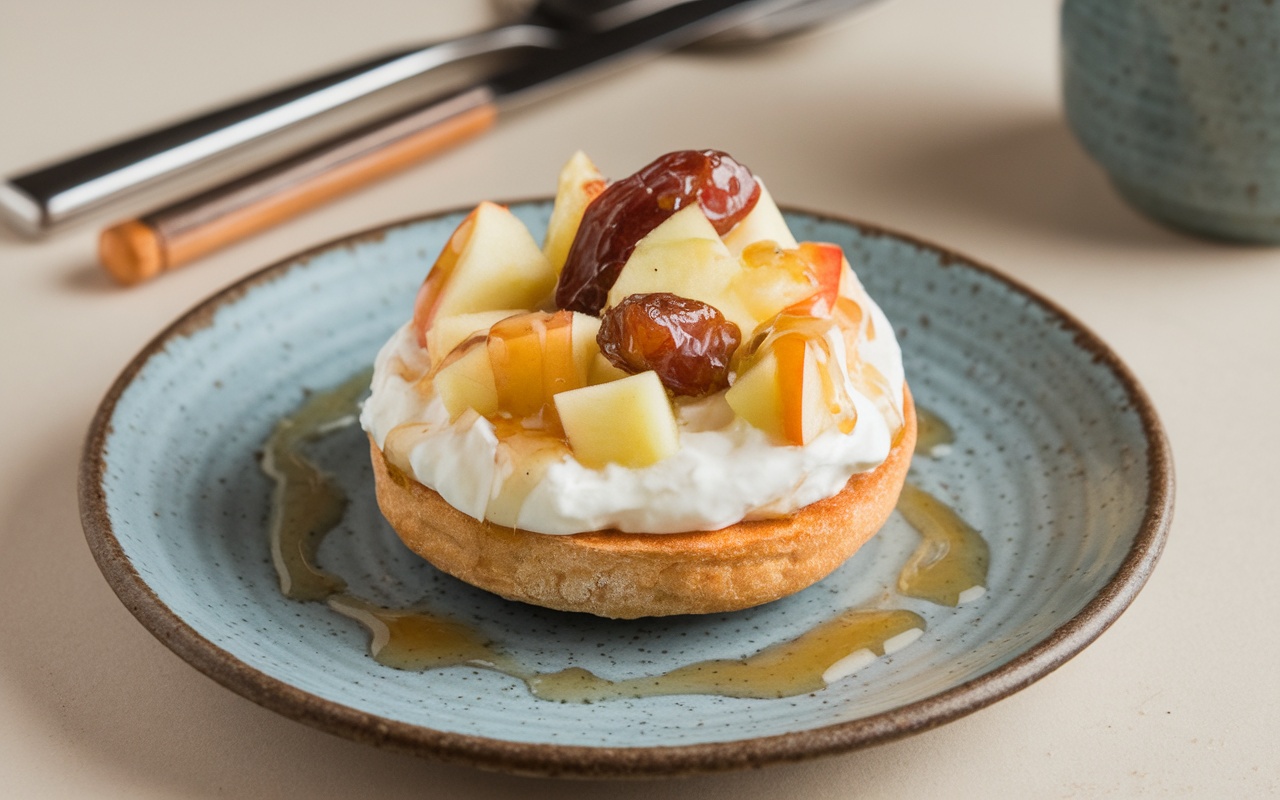 A delicious breakfast featuring yogurt topped with apples and dates on a blue plate.