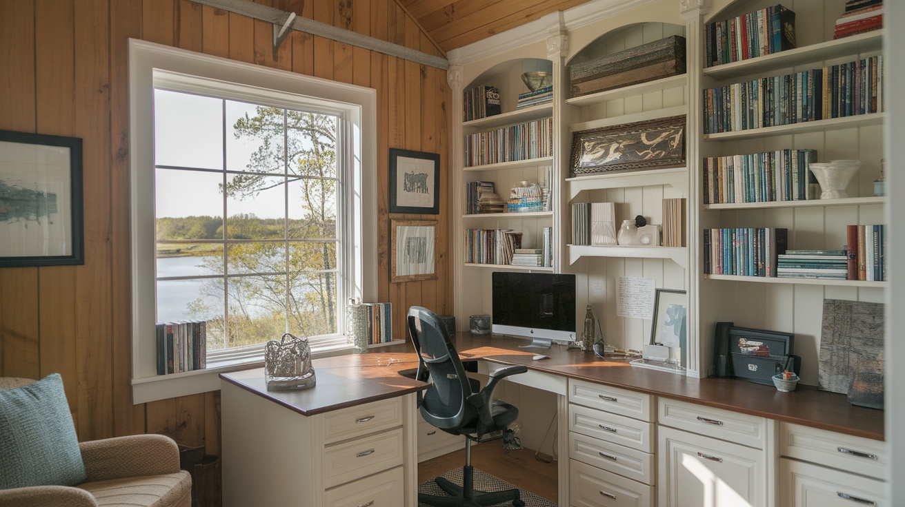 Cozy home office with a view, featuring a desk, bookshelves, and natural light.