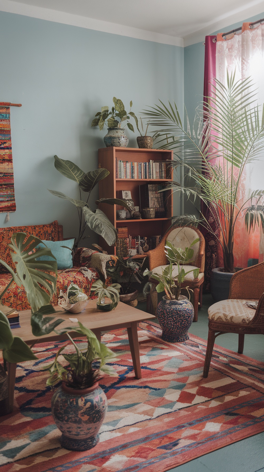 A boho living room filled with various indoor plants, colorful decor, and cozy furniture.