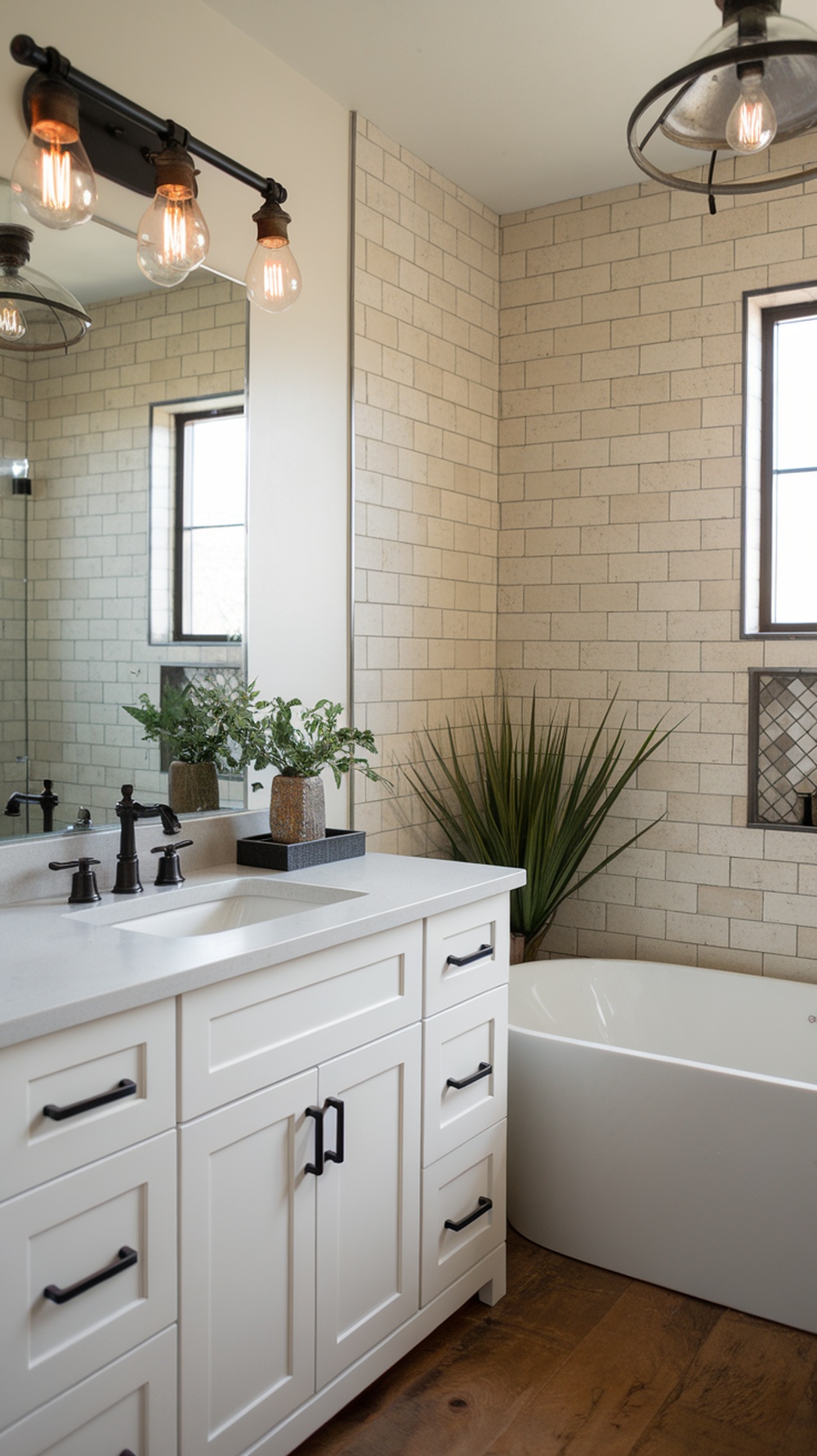 A modern farmhouse bathroom featuring industrial lighting, white cabinetry, and natural greenery.