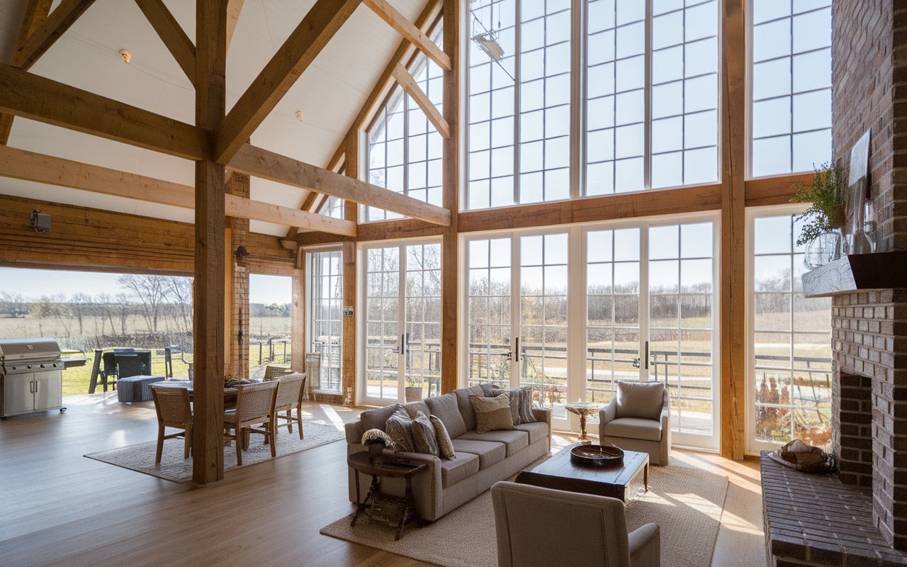 Interior of a barndominium featuring large windows and wooden beams