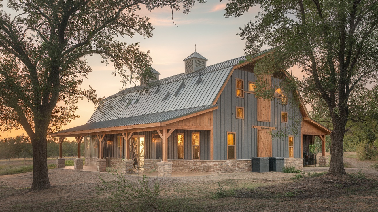 A beautiful barndominium surrounded by trees and open land, showcasing its integration with nature.