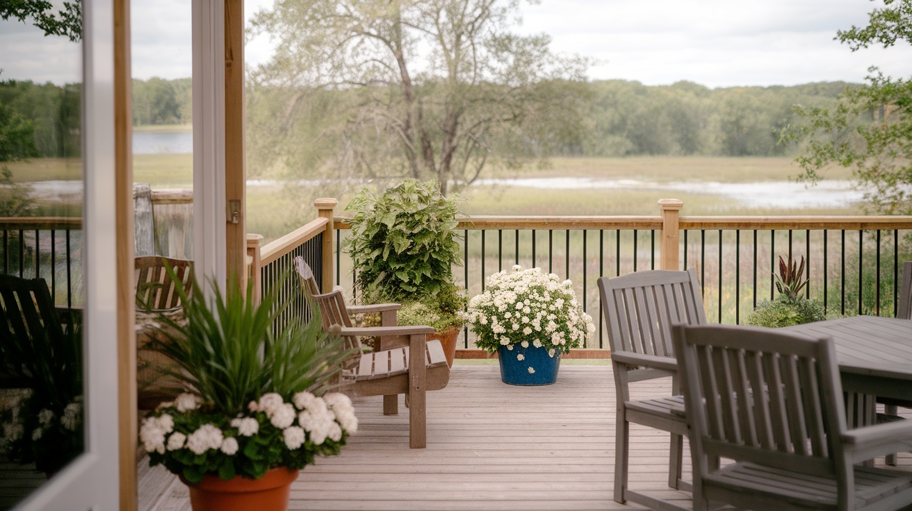 A cozy outdoor deck with wooden chairs, potted plants, and a scenic view.