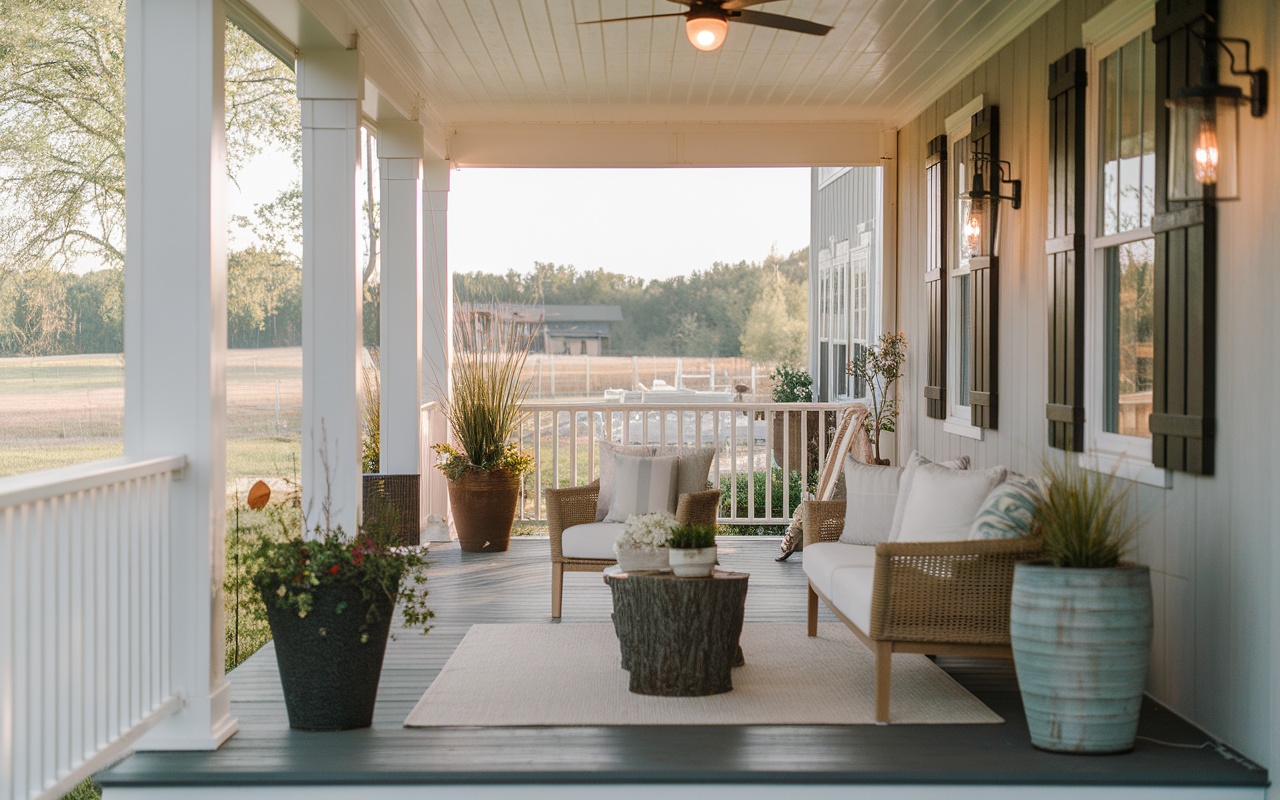 A cozy barndominium porch with comfortable seating, potted plants, and warm lighting.
