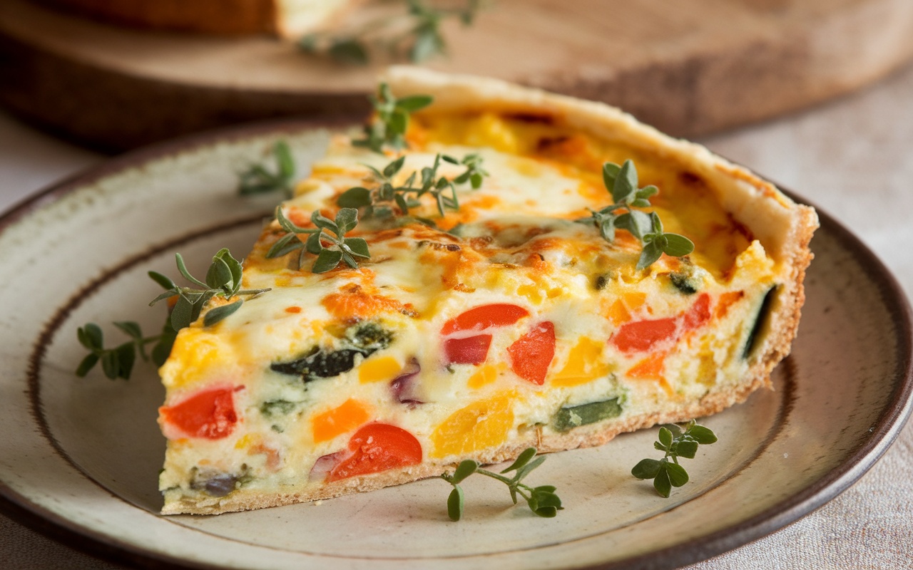 A slice of colorful Kitchen-Sink Frittata garnished with fresh herbs.