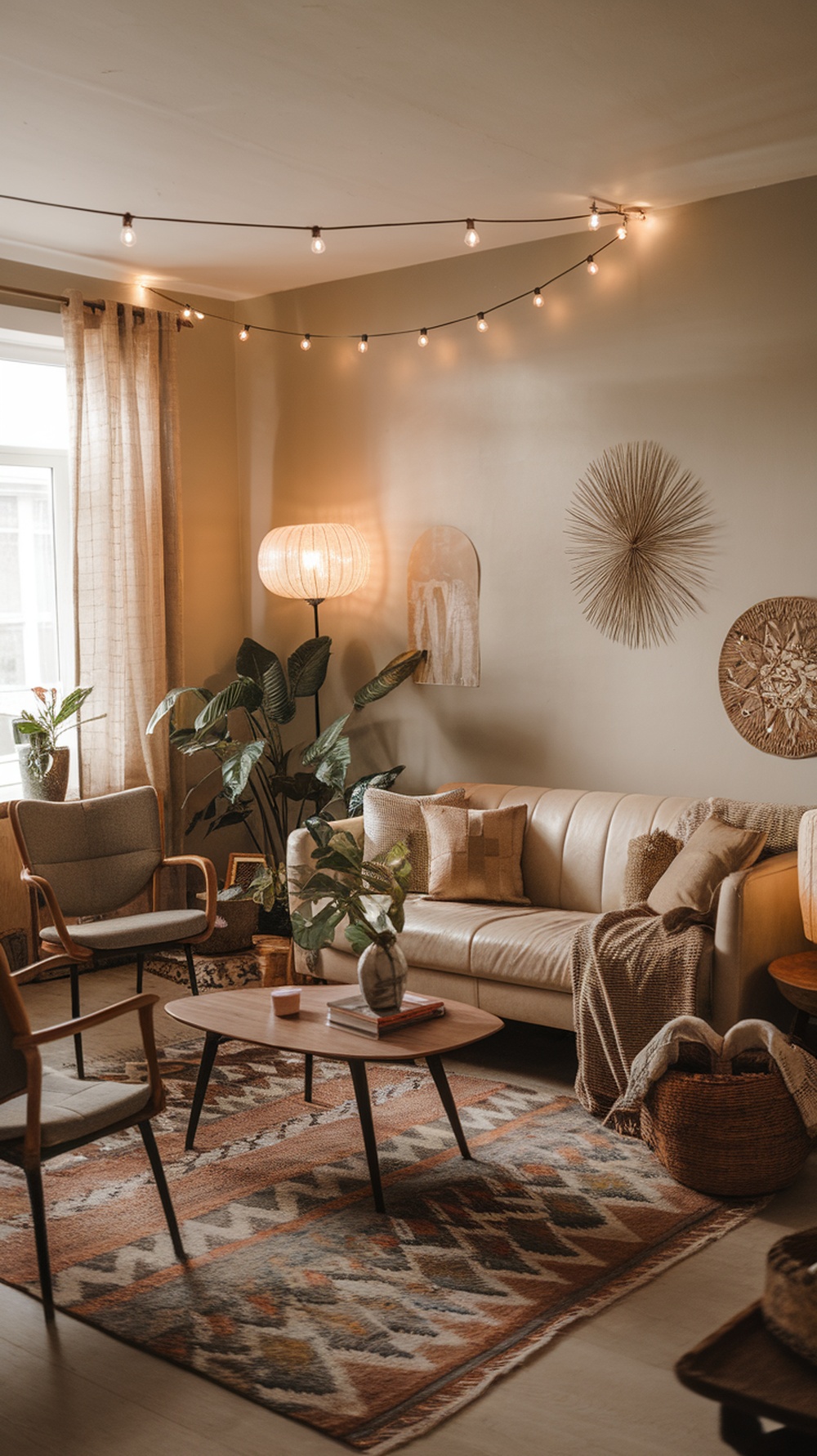A cozy boho living room with layered lighting, featuring string lights, a standing lamp, and natural light from a window.