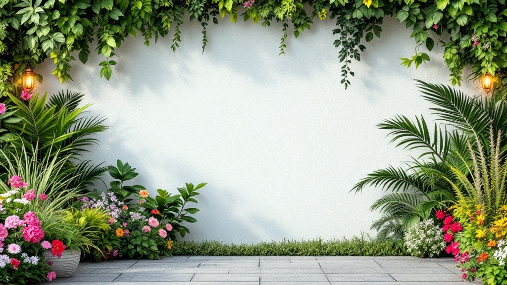 A beautiful vertical garden design with lush greenery and colorful flowers on a patio.