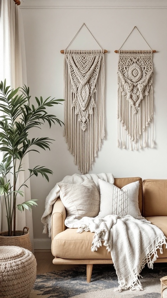 Two macramé wall hangings in neutral tones displayed above a cozy couch with decorative pillows and a plant.