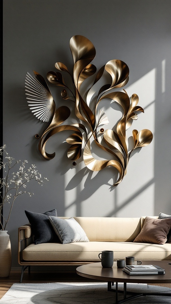 A metal art sculpture resembling flowing leaves and petals, mounted on a wall above a modern sofa.