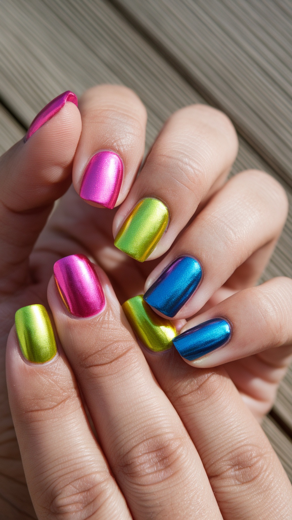A close-up of hands with metallic summer nail colors including pink, green, and blue.