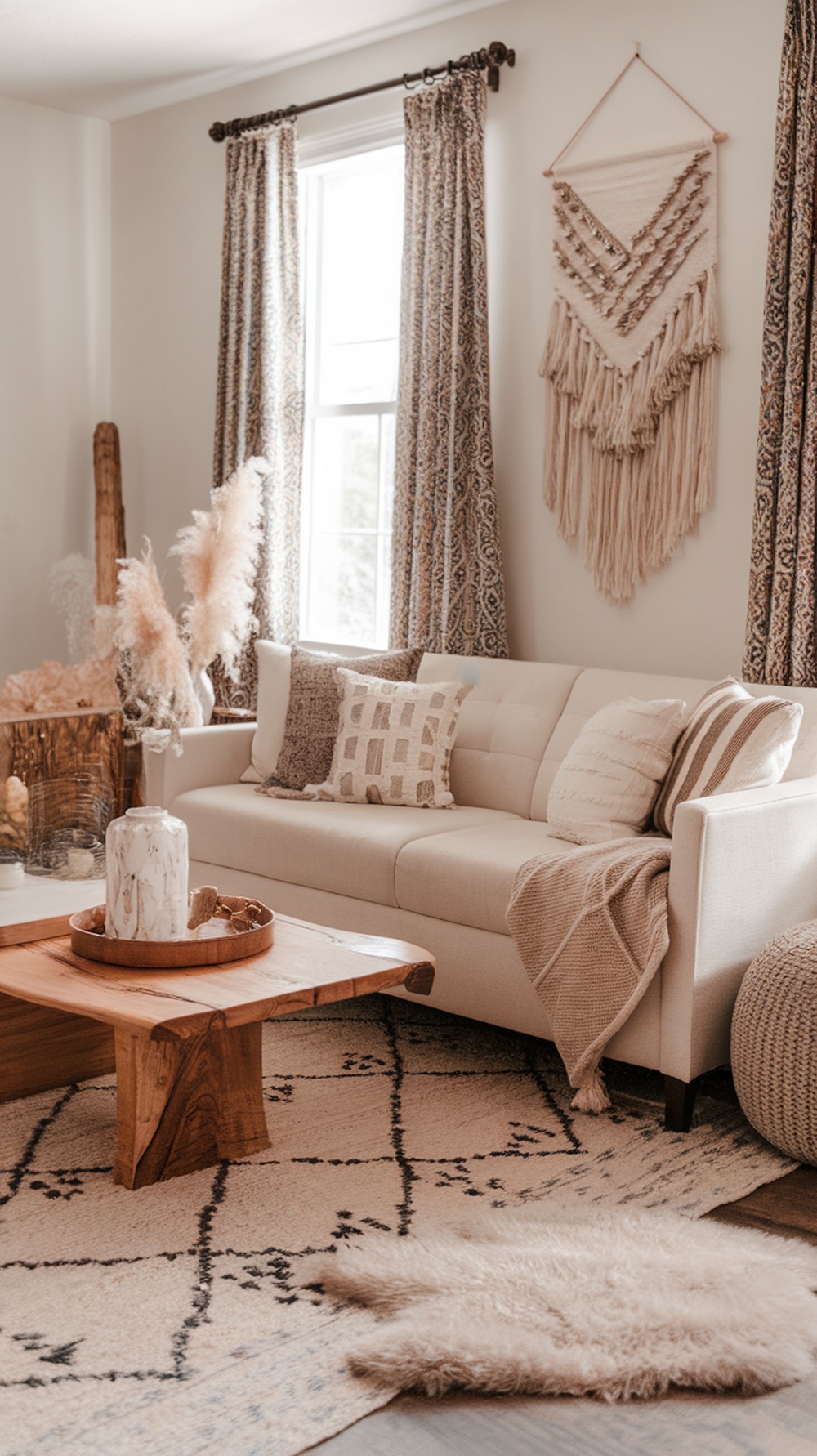 A boho living room featuring a light sofa with patterned pillows, a wooden coffee table, and textured decor elements.