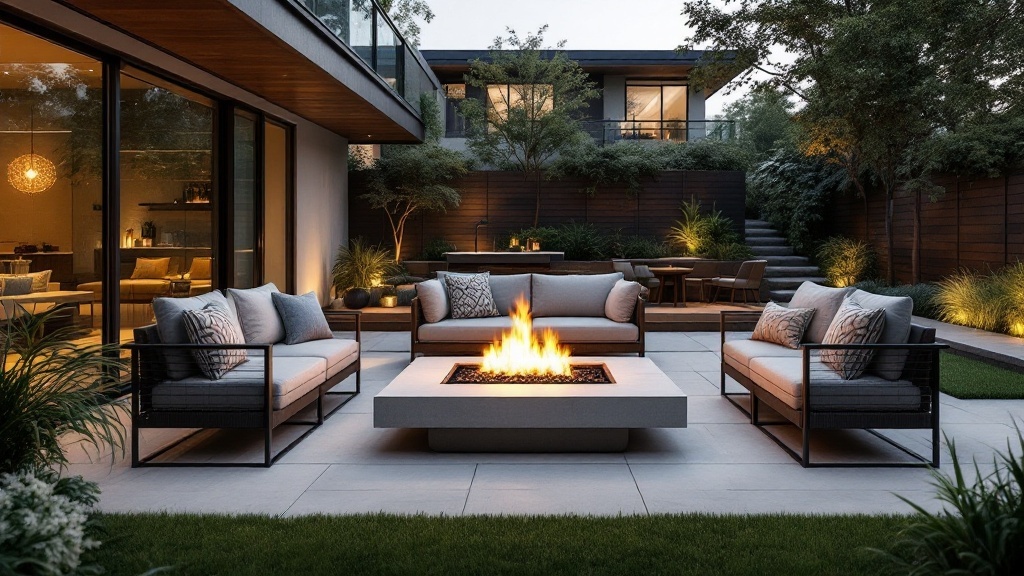 A modern outdoor lounge area with a fire table surrounded by comfortable seating and greenery.