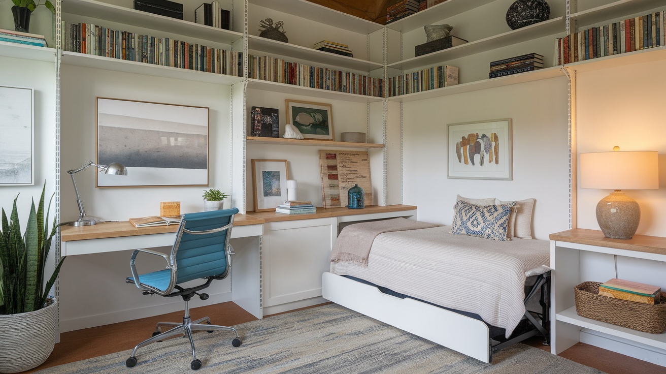 A multi-functional guest room featuring a bed, desk, and shelves with books and decor.