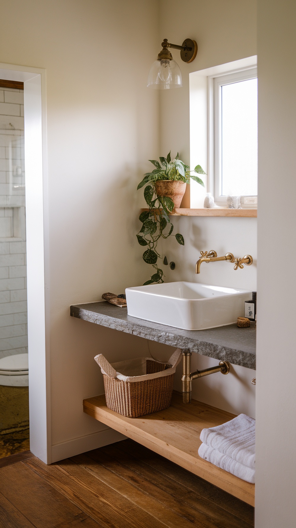 Modern farmhouse bathroom featuring natural elements like wood, stone, and plants.