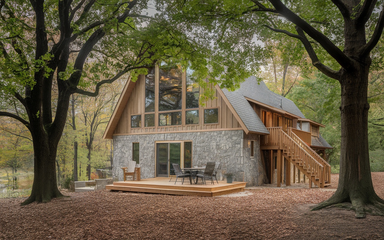 A barndominium with a stone and wood exterior, surrounded by trees and featuring a deck.