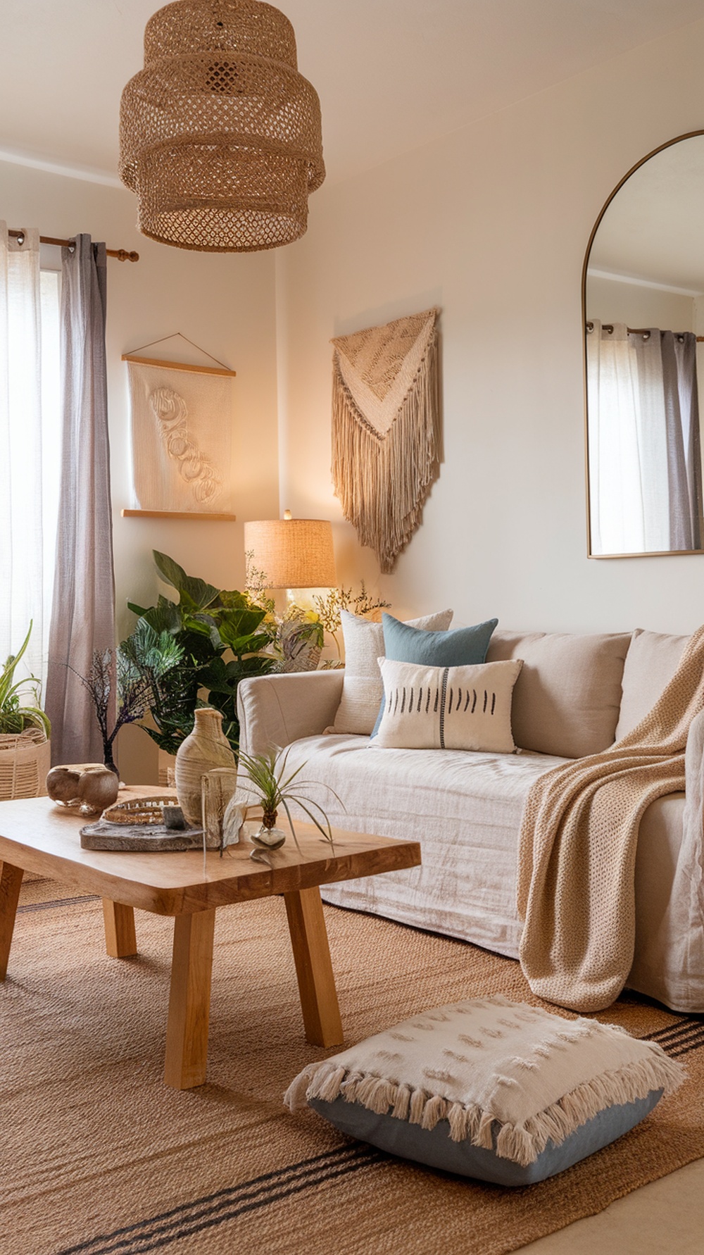 A cozy boho living room featuring natural textiles, a woven light fixture, macramé wall hangings, and plants.