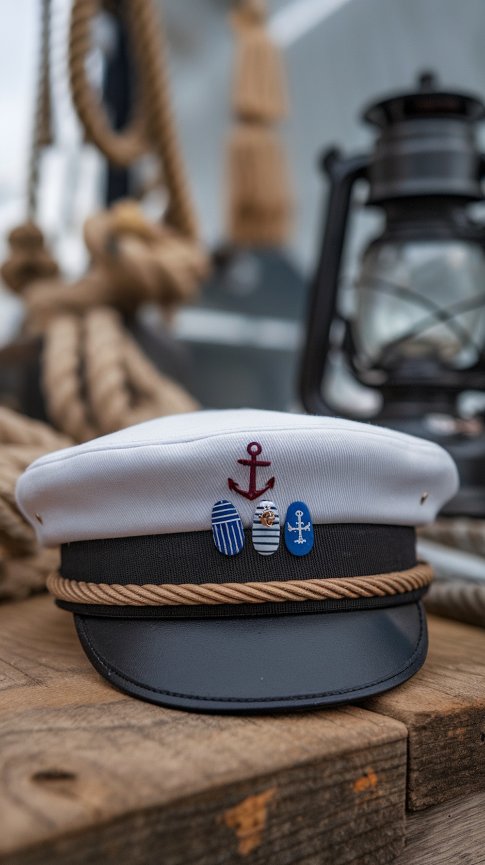 A sailor's cap with nautical pins, representing summer nautical-themed nail art.