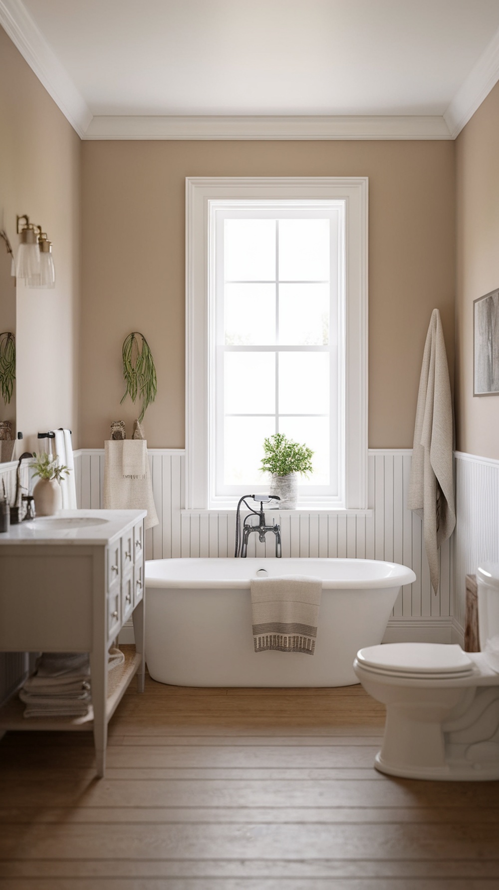 A serene modern farmhouse bathroom featuring neutral colors, a freestanding tub, and natural light.