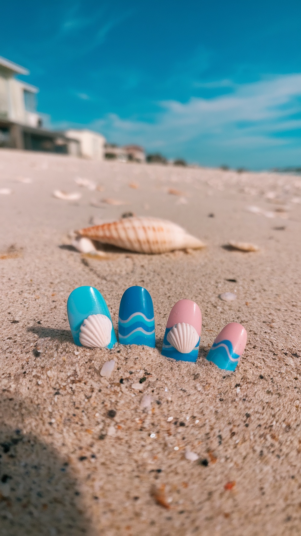 Ocean-inspired nail art with blue shades and shell designs on sandy beach