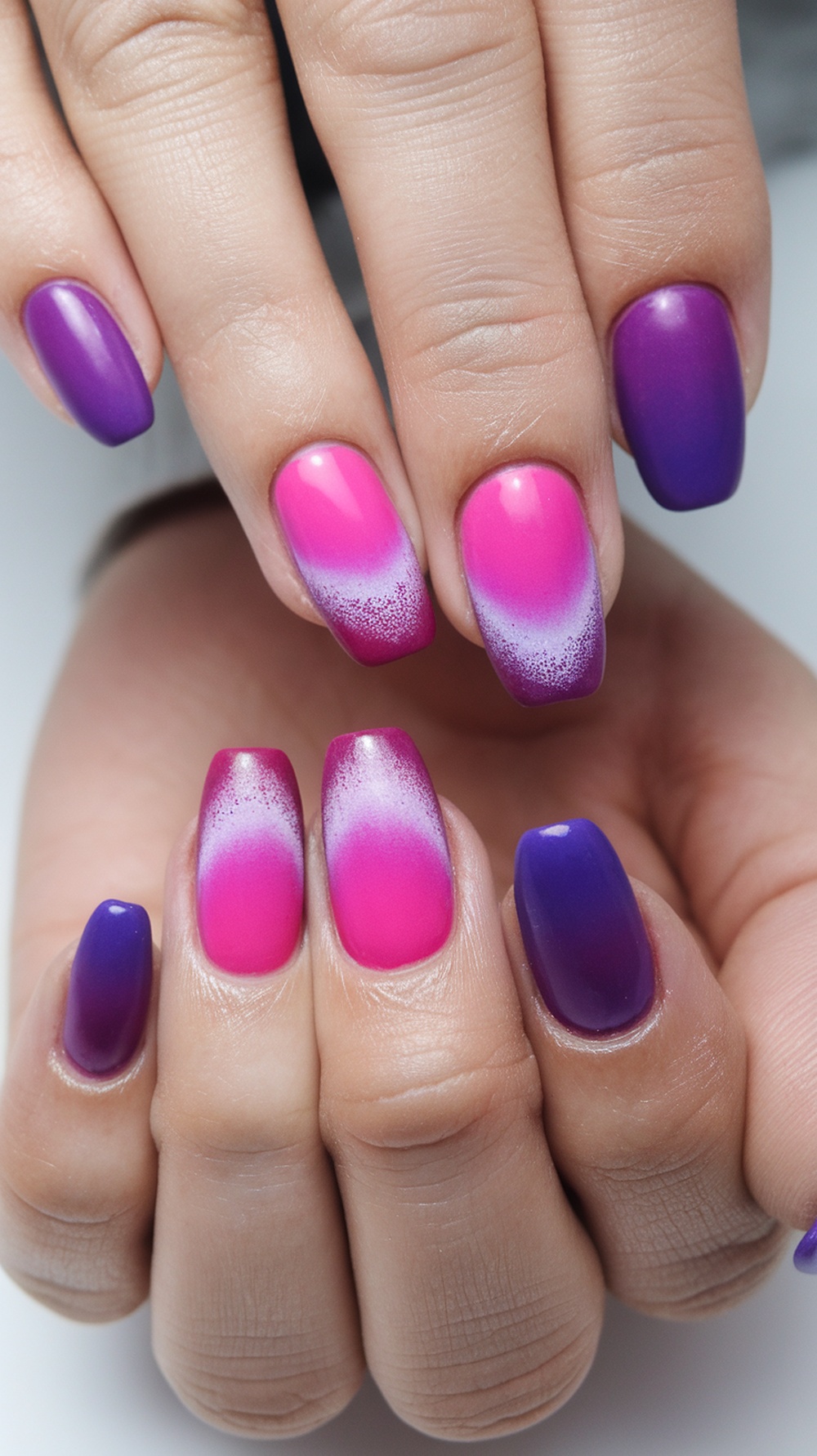 Nails featuring a pink and purple ombre effect created with a sponge technique.