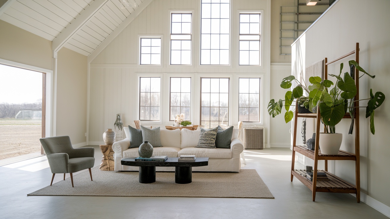 A bright and airy open concept living space in a barndominium, featuring large windows, a cozy sofa, and stylish decor.