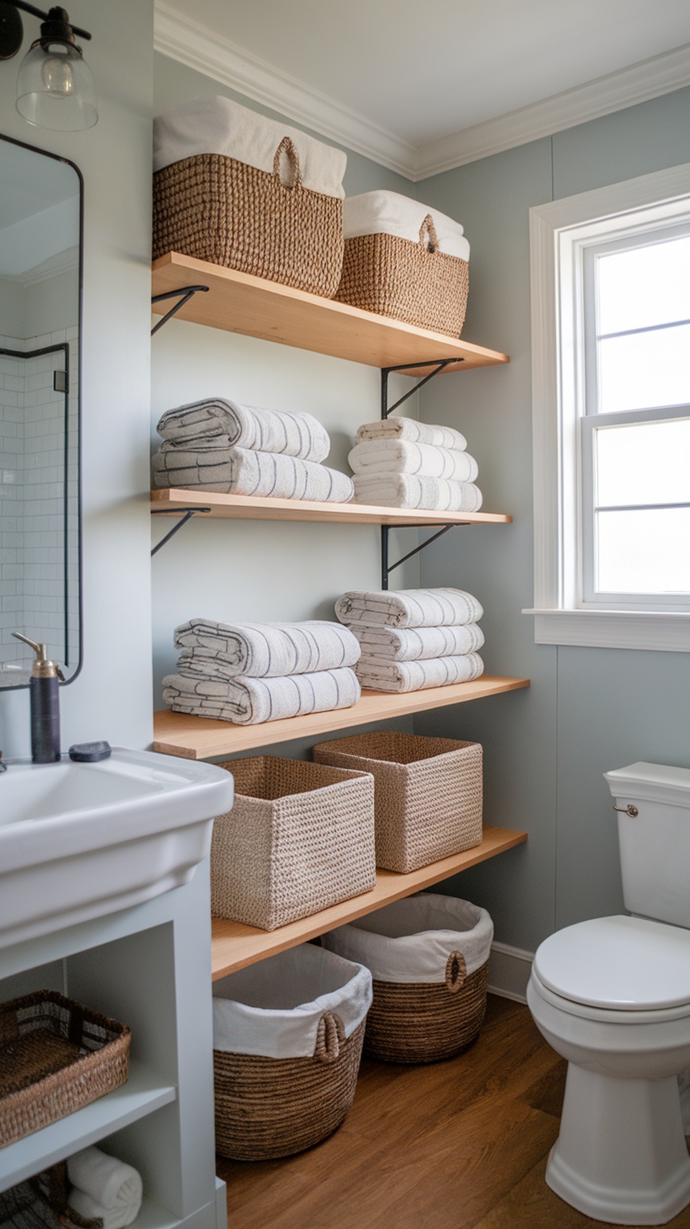 Open shelving in a modern farmhouse bathroom displaying neatly folded towels and woven storage baskets.