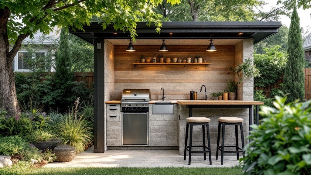 Stylish outdoor kitchen featuring a grill, sink, wooden shelves, and stools in a patio setting.