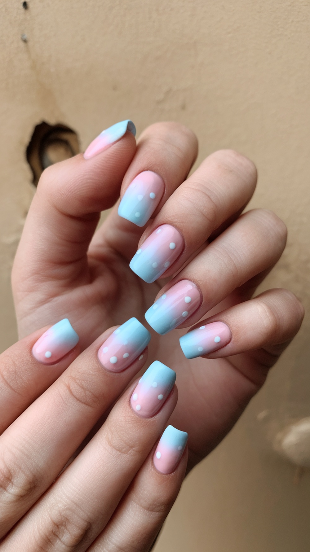 A hand showing pastel ombre nails in pink and blue with white dots.