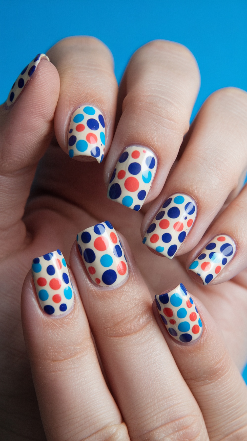 Close-up of hands with polka dot nails in various colors on a light background