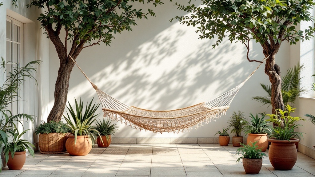 A cozy hammock hanging between two trees in a patio surrounded by potted plants.