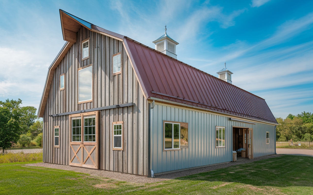 A barndominium with a mix of wood and metal siding, featuring a metal roof and large windows.