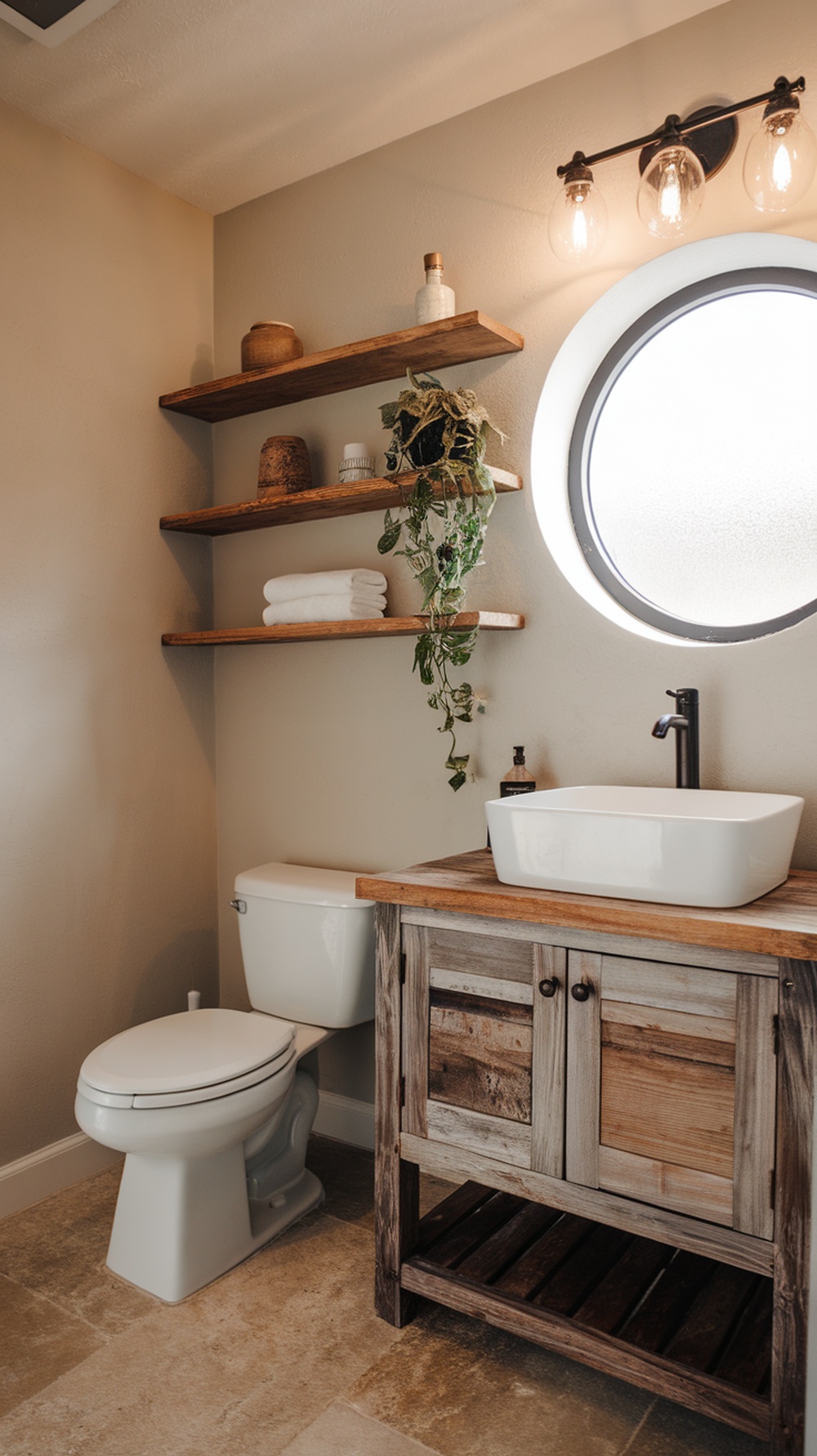 A modern farmhouse bathroom featuring rustic wood accents, including shelves and a wooden cabinet.