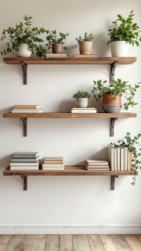 Three rustic wooden shelves displaying plants and books on a wall