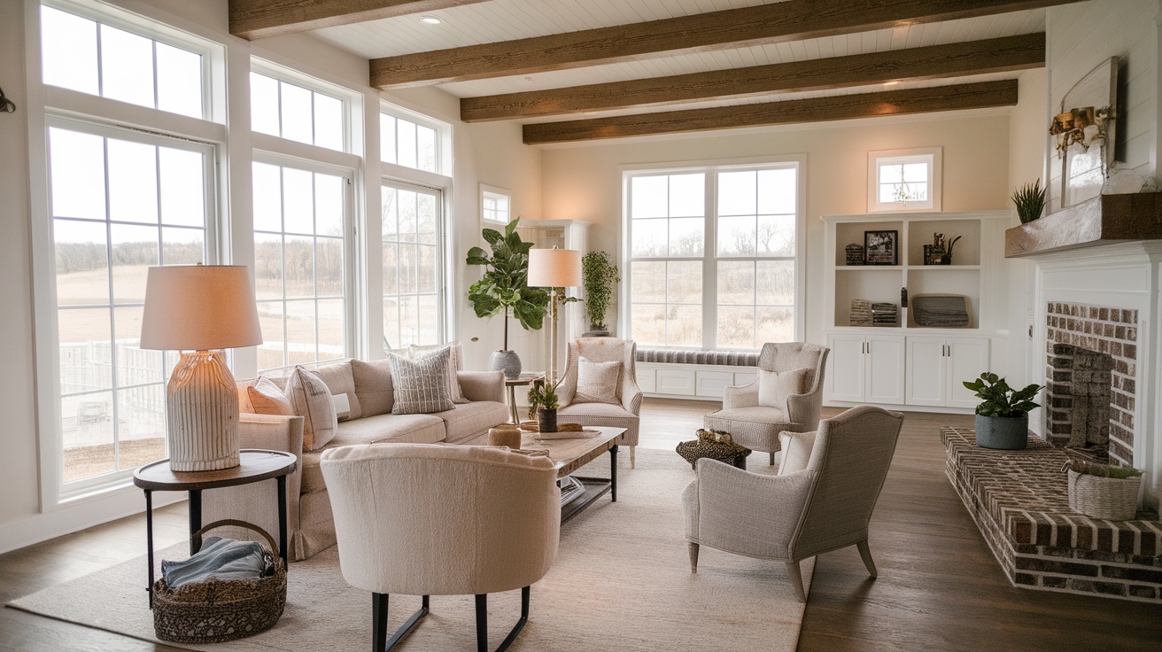 Cozy living area in a barndominium with large windows, comfortable seating, and wooden beams.