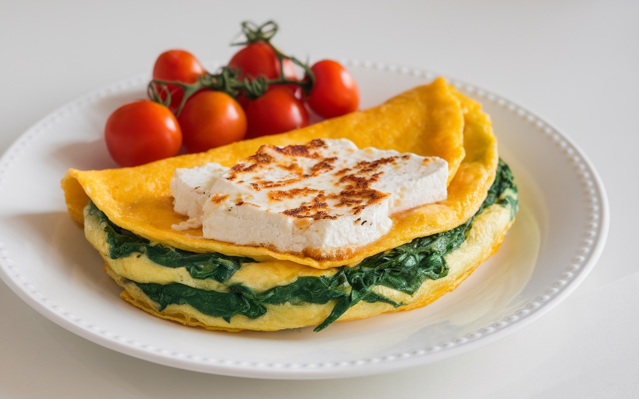 A delicious spinach and feta omelette served with cherry tomatoes.