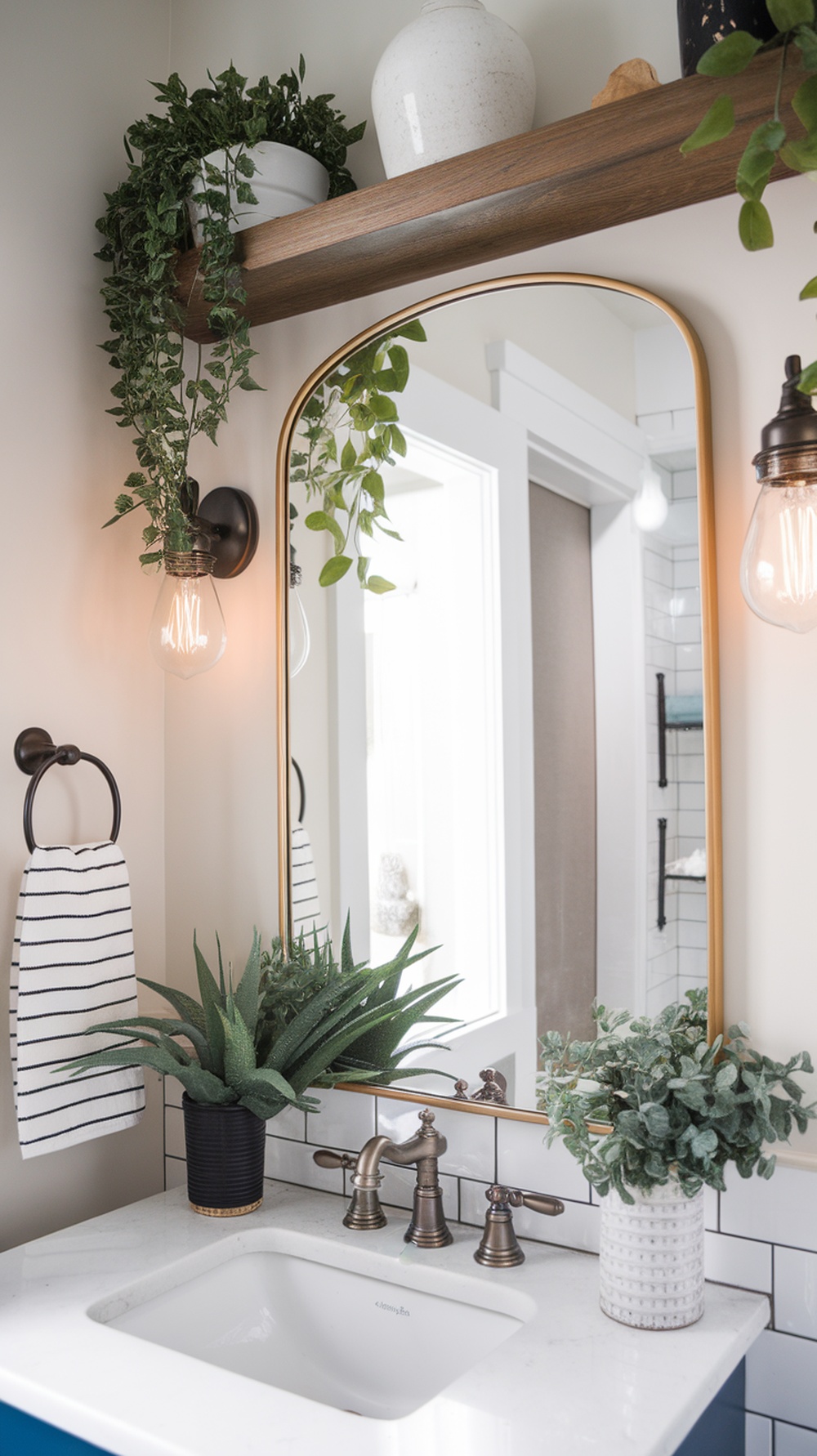 A modern farmhouse bathroom featuring a stylish mirror with a golden frame, plants, and unique lighting.