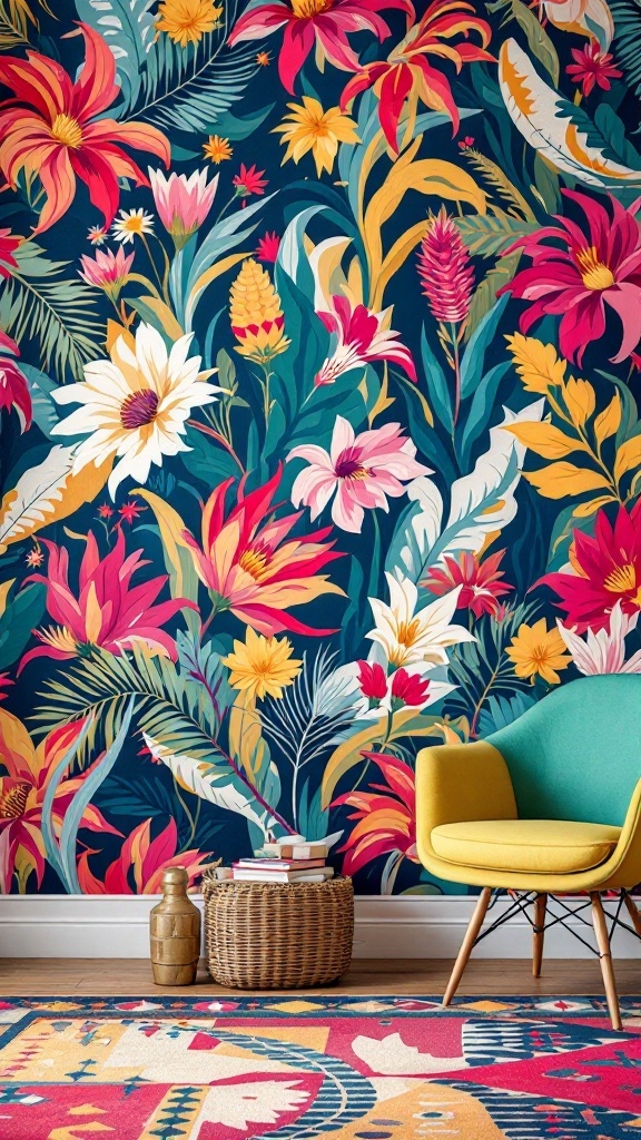 A colorful floral wallpaper with pink, yellow, and green patterns, featuring a yellow chair and a woven basket in front.