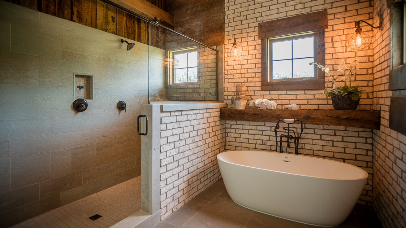 Stylish bathroom featuring brick walls, a glass shower enclosure, and a freestanding tub.