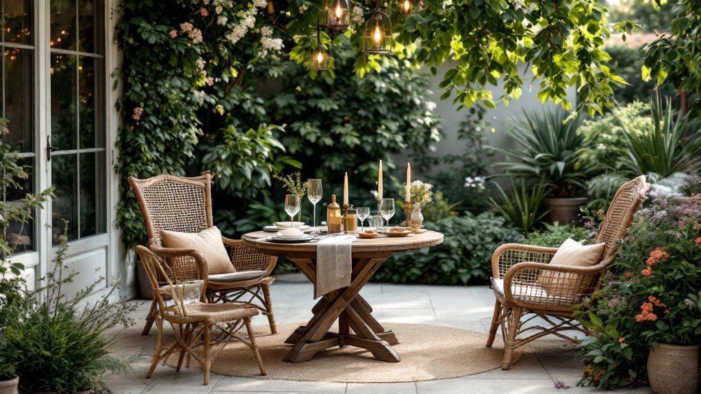 A stylish outdoor dining area featuring a round wooden table surrounded by rattan chairs and lush greenery.