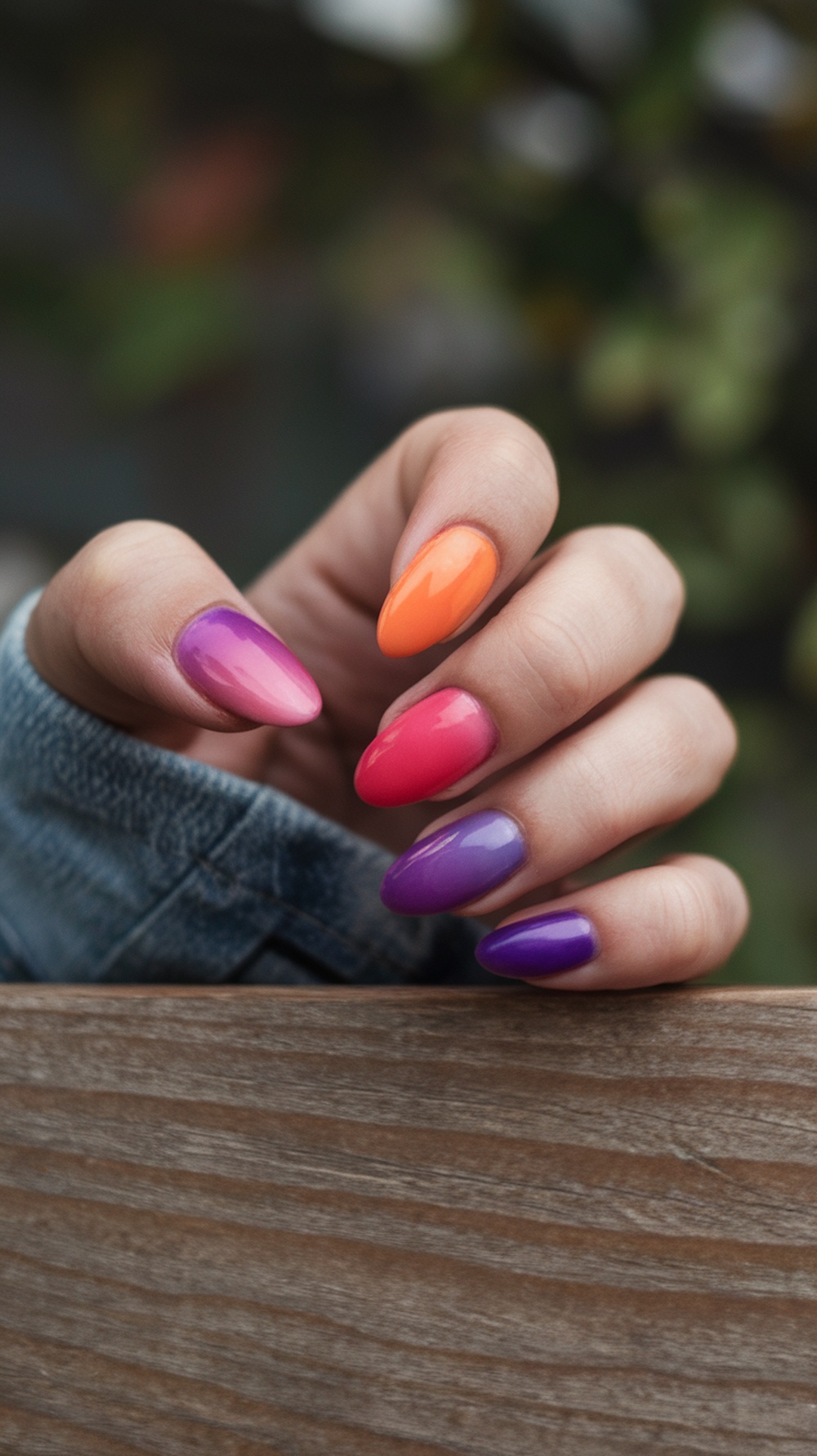 A hand with sunset gradient nails featuring orange, pink, and purple shades.