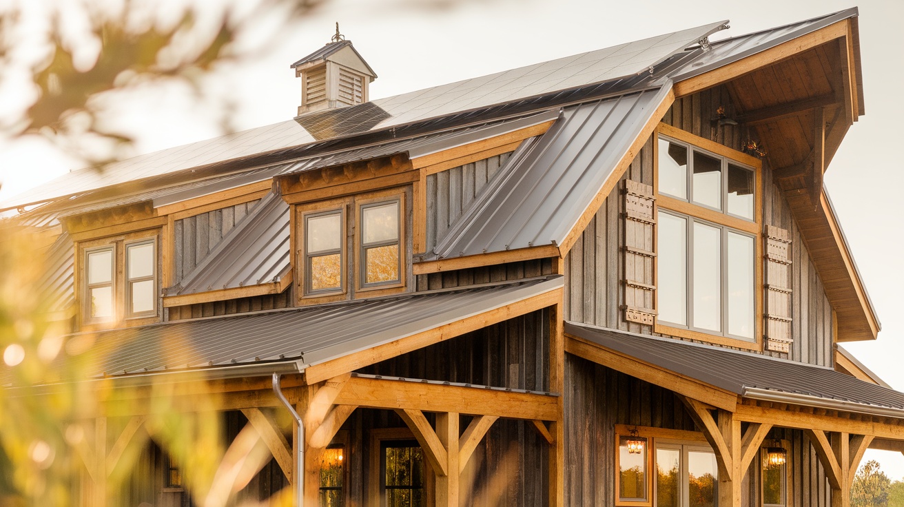 A barndominium with solar panels and wooden accents, showcasing sustainable building features.