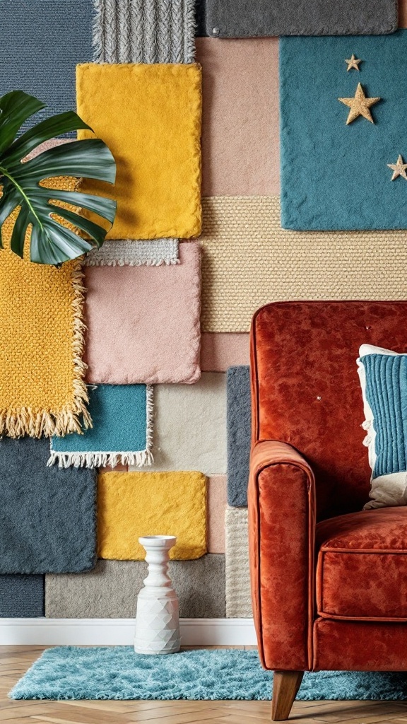 Colorful textured fabric panels arranged on a wall with a cozy sofa and decorative elements