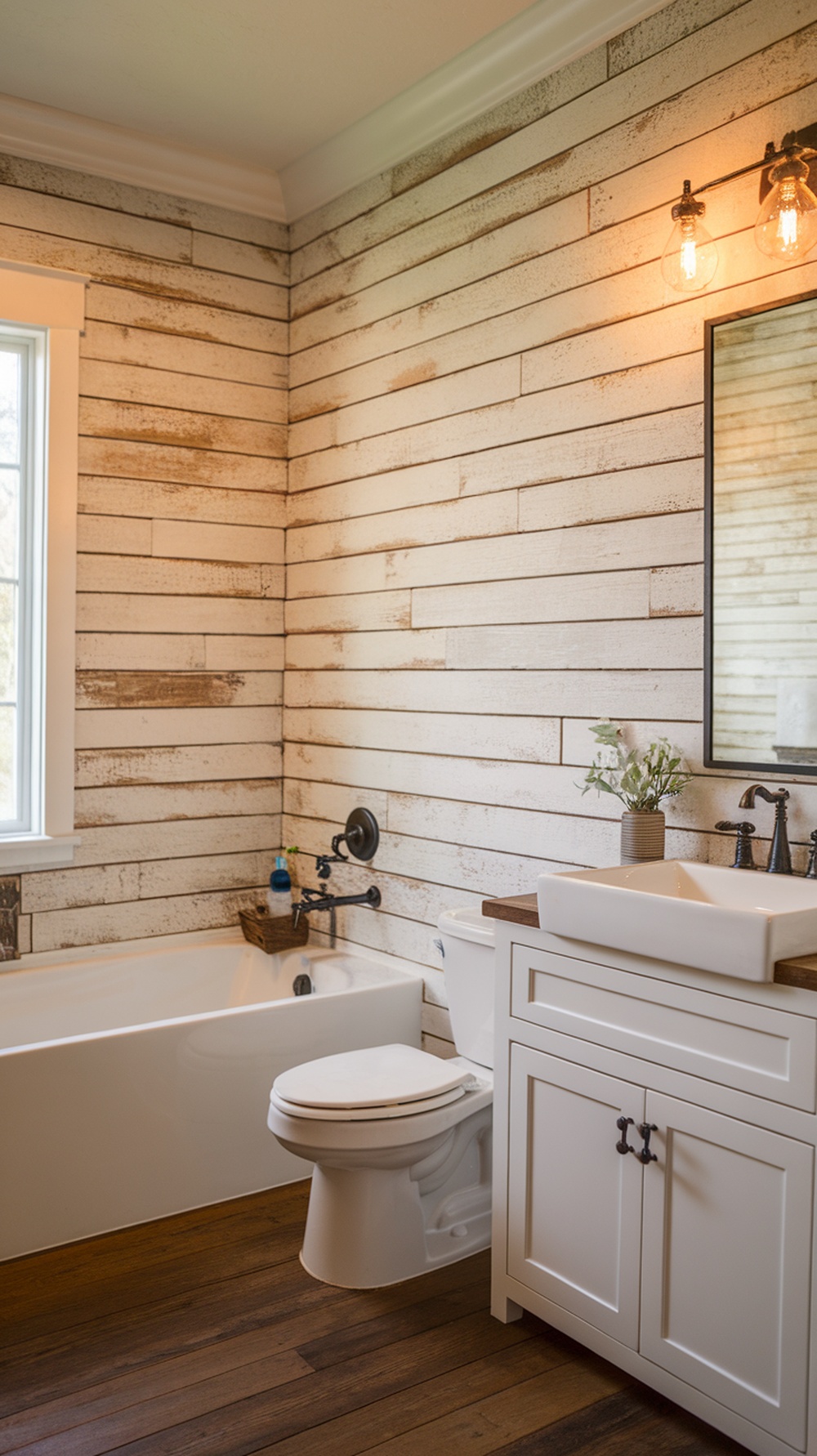 Modern farmhouse bathroom with textured wood paneling, white fixtures, and warm lighting.