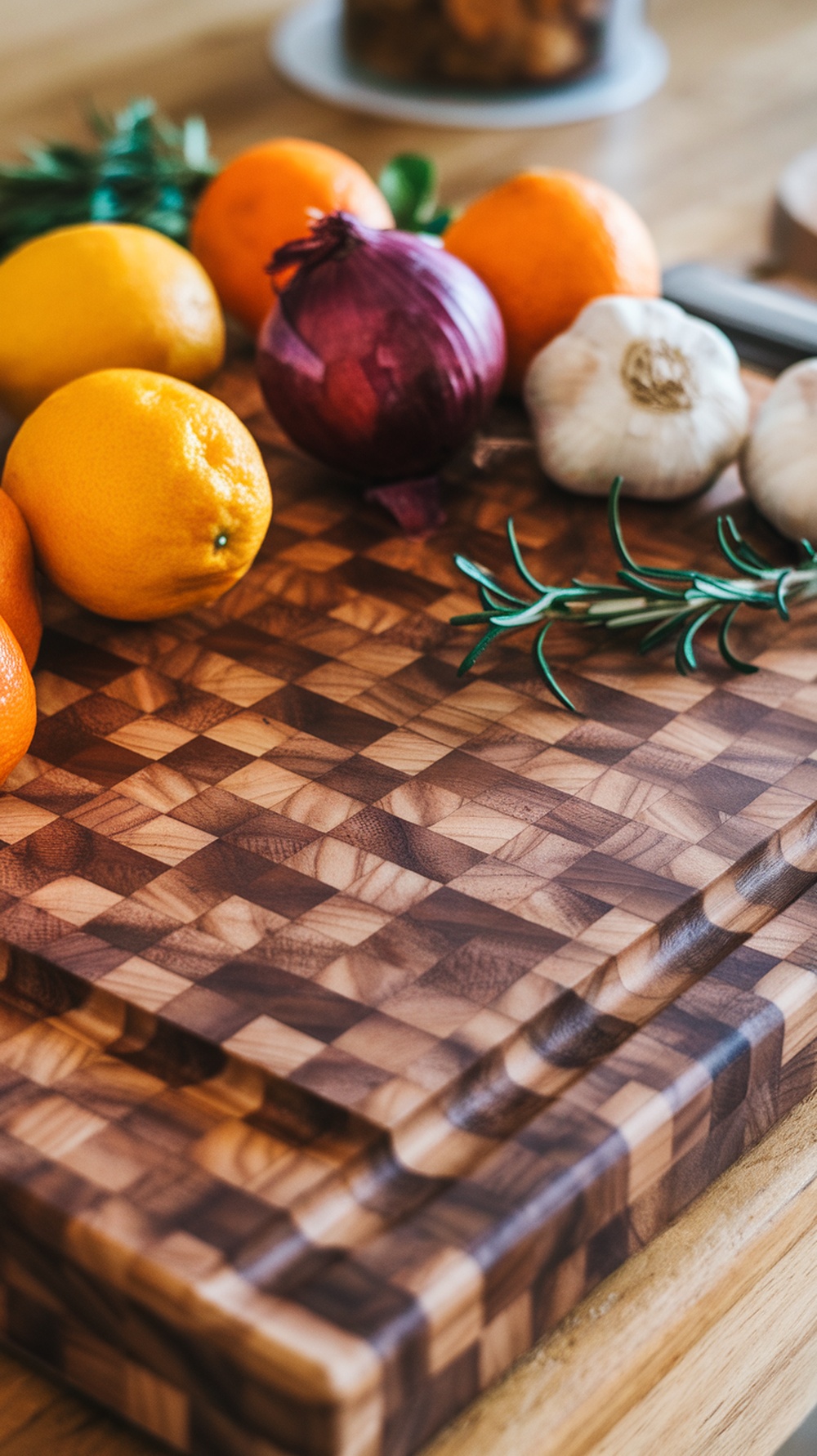 A wooden end grain cutting board with fresh fruits and vegetables arranged around it.