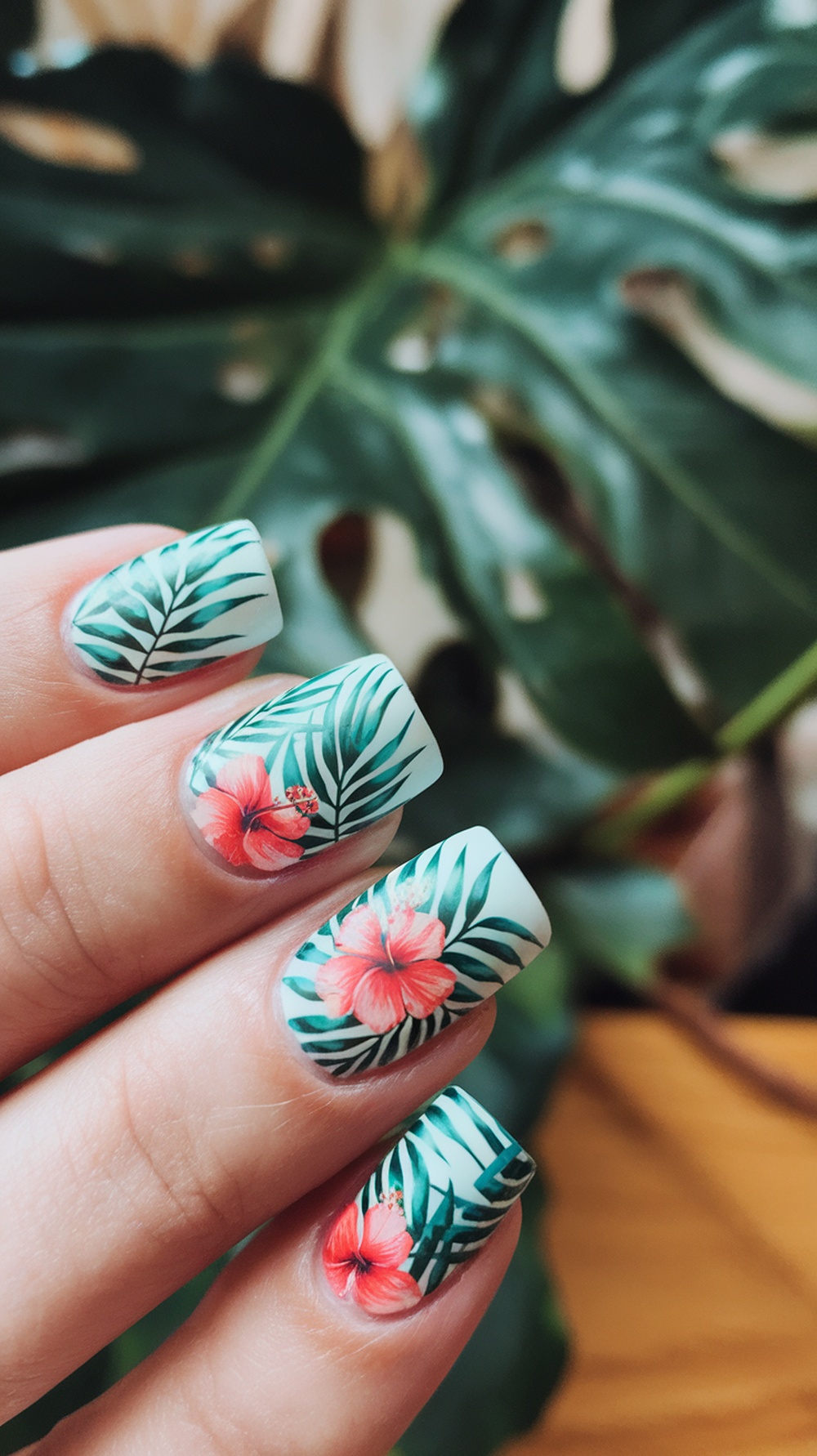 Close-up of tropical floral nail design featuring hibiscus flowers and green leaves.
