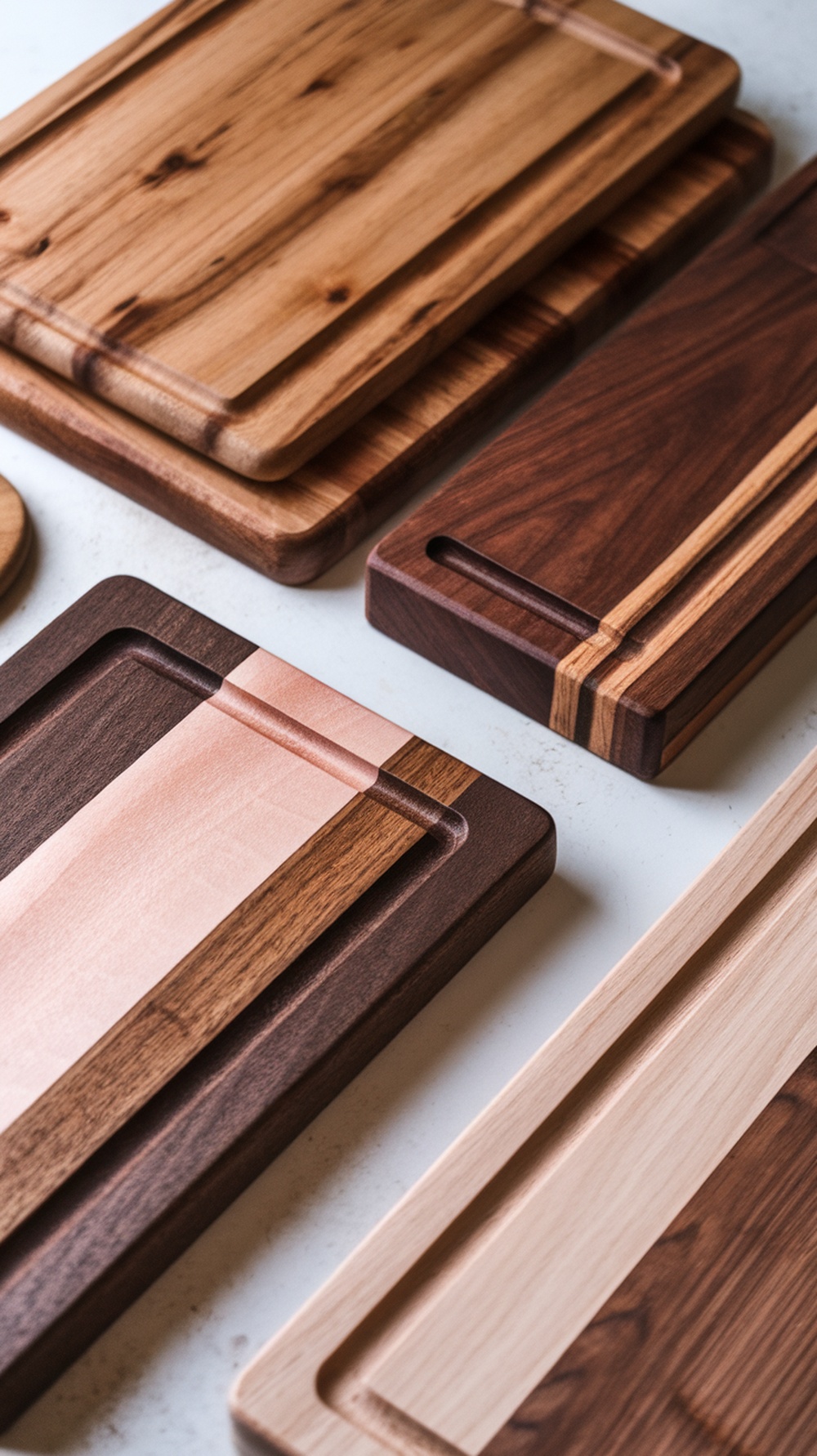 Various wooden cutting boards in different types of wood, showcasing a range of colors and patterns.