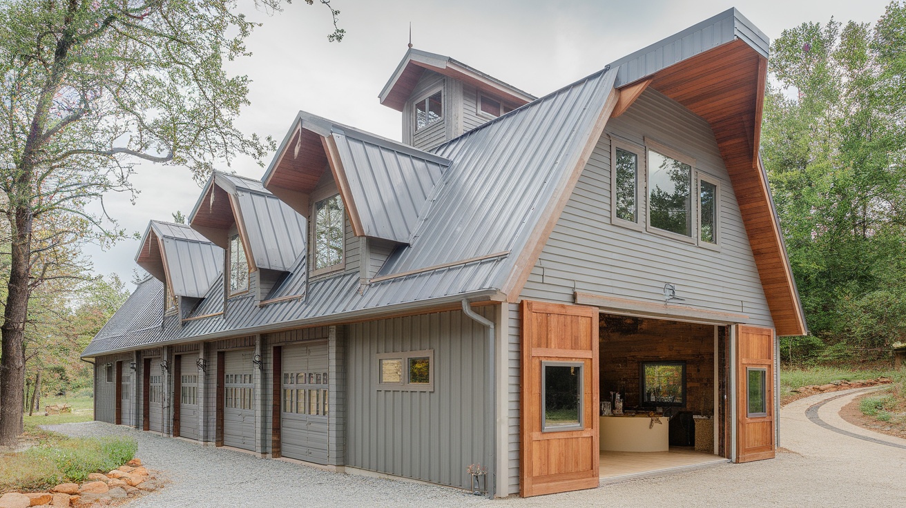 A stylish barndominium with a unique roofline and large windows, set in a natural landscape.